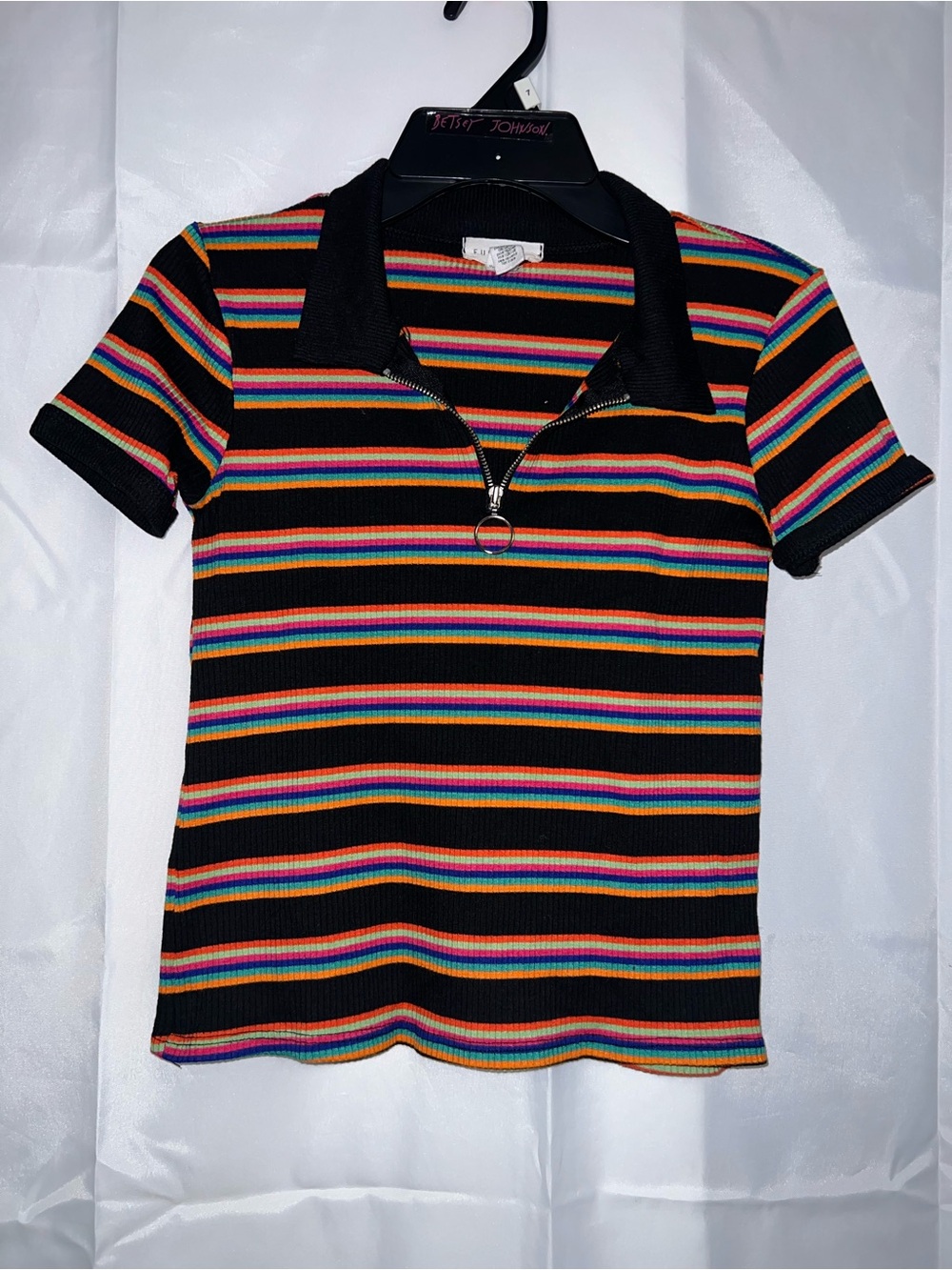 Full Tilt Black Ribbed Top with Multicolor Stripe Accents